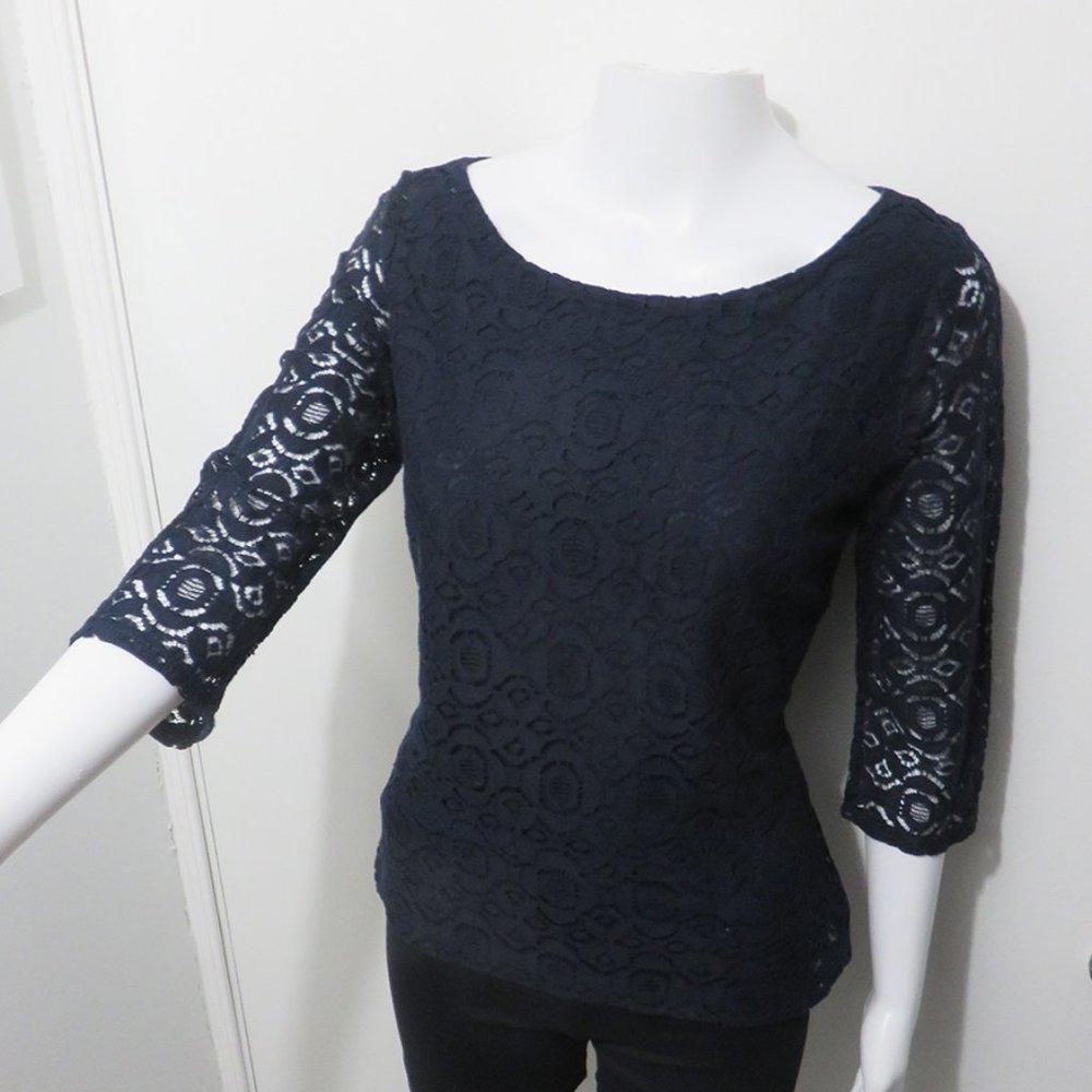Banana Republic Navy 3/4 Sleeve Top, Lace Overlay & Lace Sleeves, Sz 6